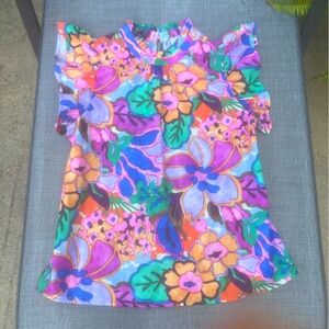 THML Colorful Floral Ruffle Sleeve Blouse